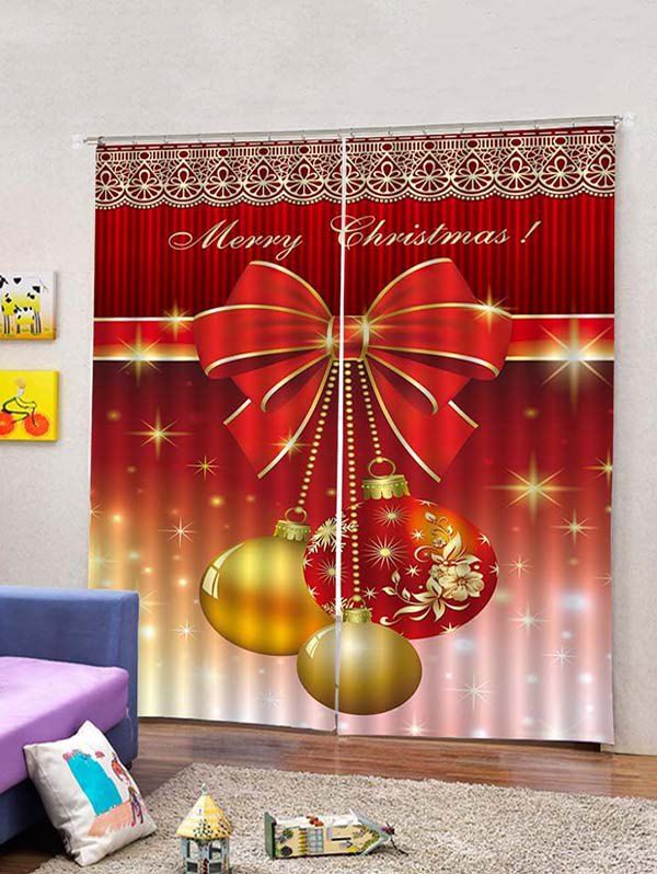 

2 Panels Christmas Bowknot Balls Print Window Curtains, Red