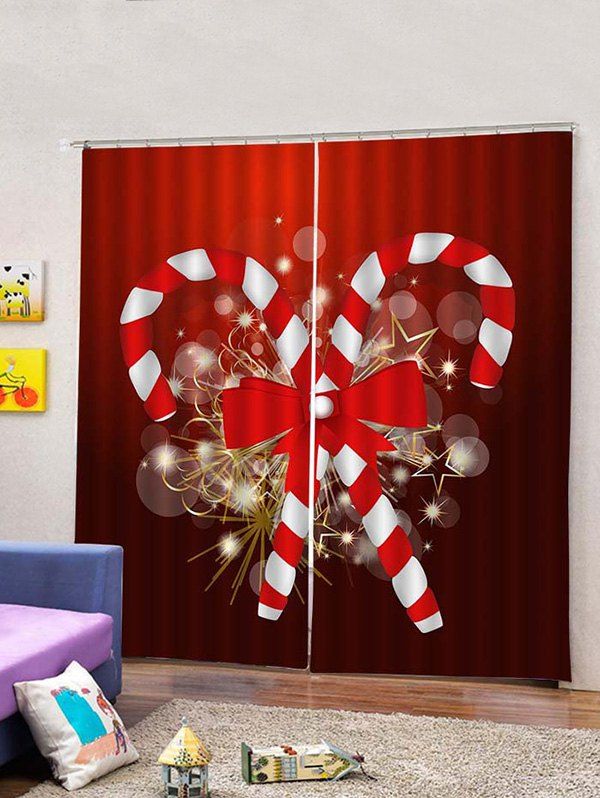[40 OFF] 2 Panels Christmas Candy Cane Bowknot Print Window Curtains