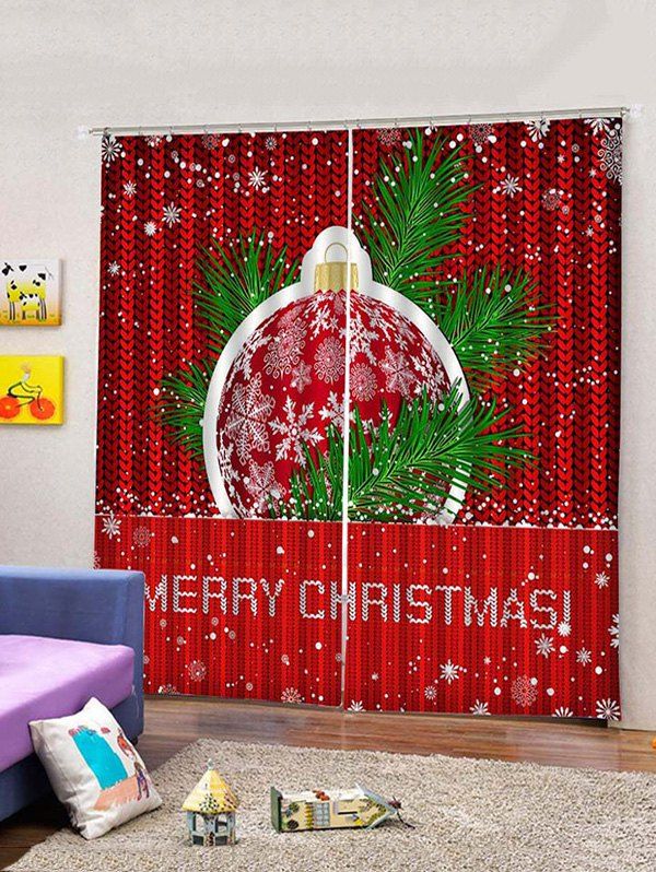 

2 Panels Merry Christmas Ball Print Window Curtains, Red