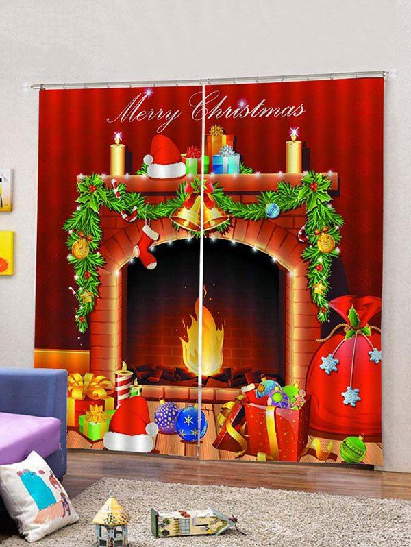 

2 Panels Christmas Fireplace Print Window Curtains, Multi