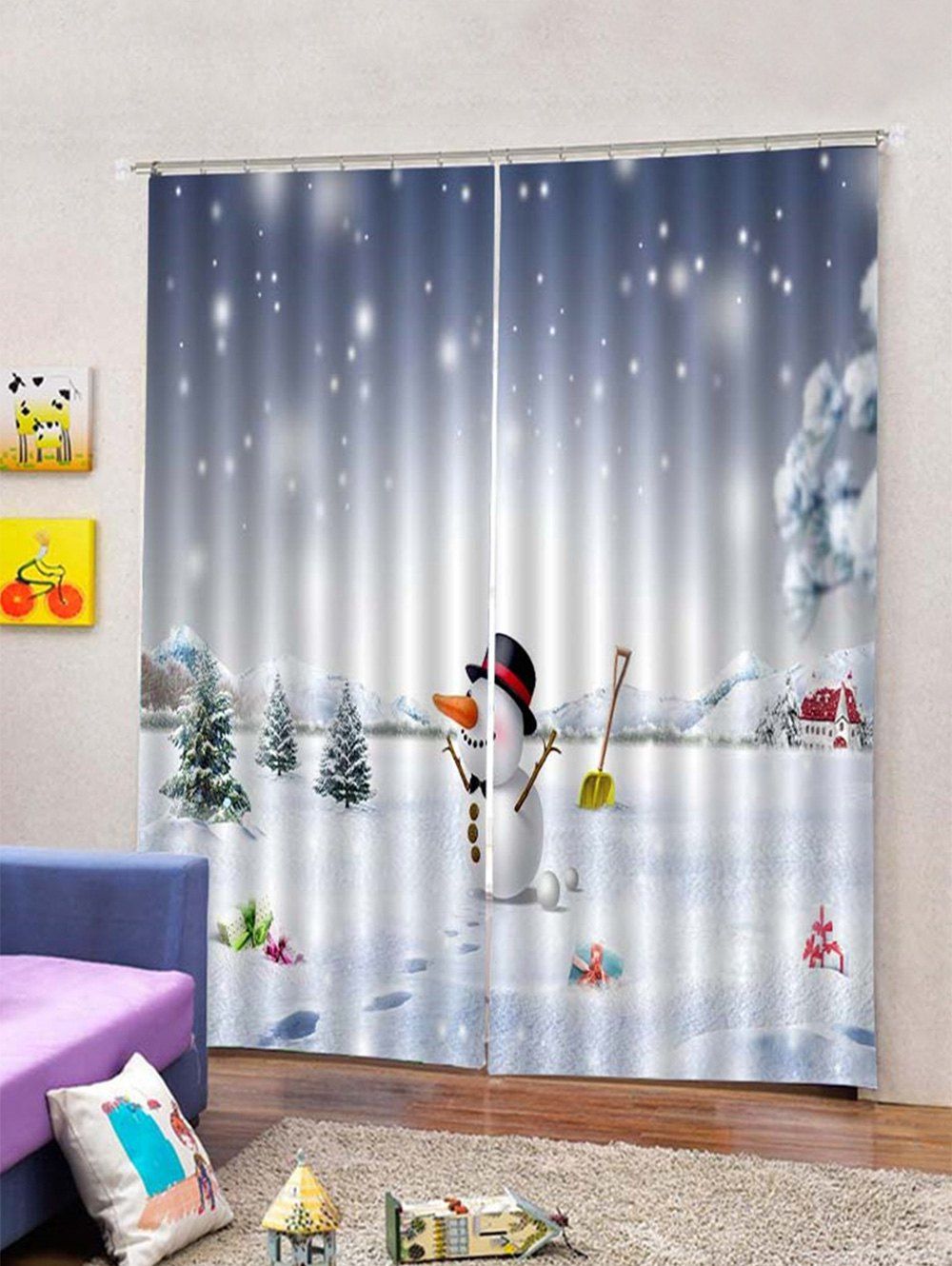 

2 Panels Christmas Snowman Snowfield Print Window Curtains, Multi