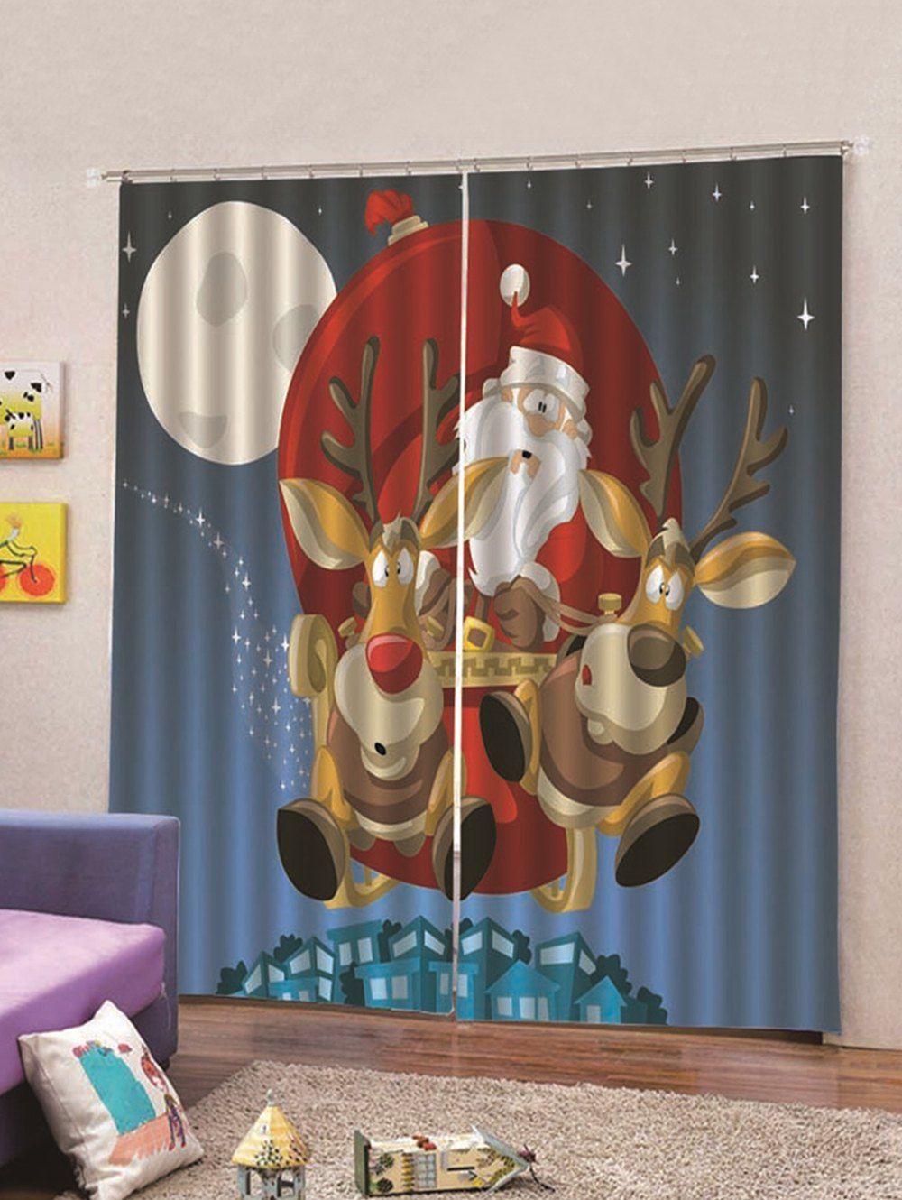 

2 Panels Christmas Elk Sleigh Print Window Curtains, Multi