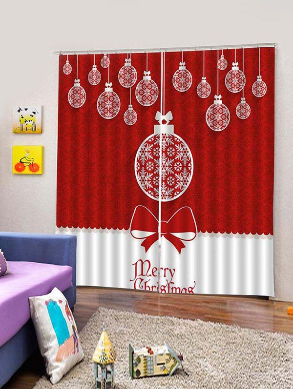 

2 Panels Christmas Snowflake Balls Print Window Curtains, Red