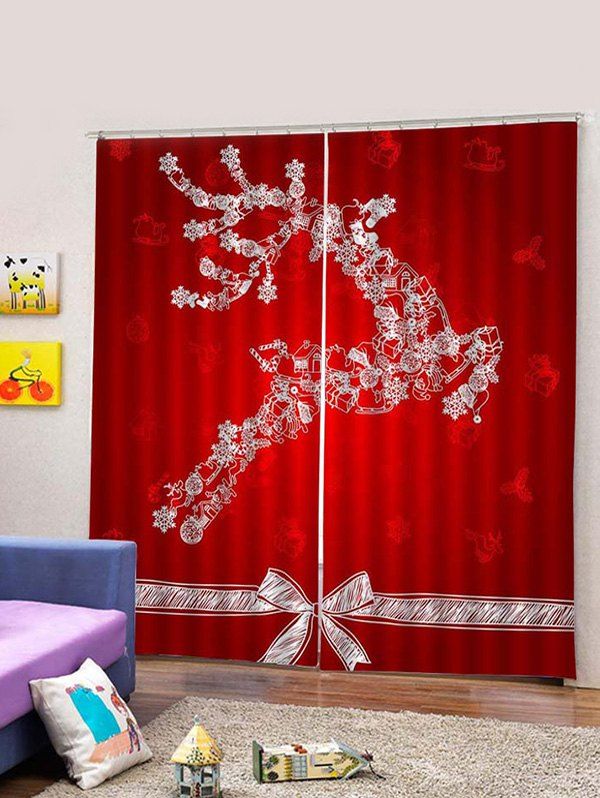 

2PCS Christmas Snowflake Elk Printed Window Curtain, Red wine