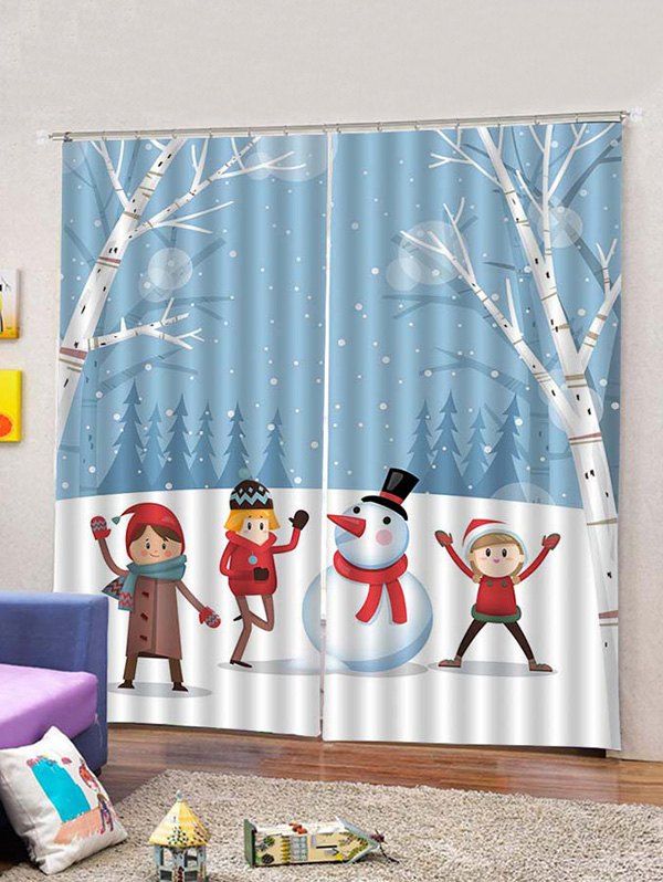 

2PCS Snowman Christmas Pattern Window Curtains, Light blue