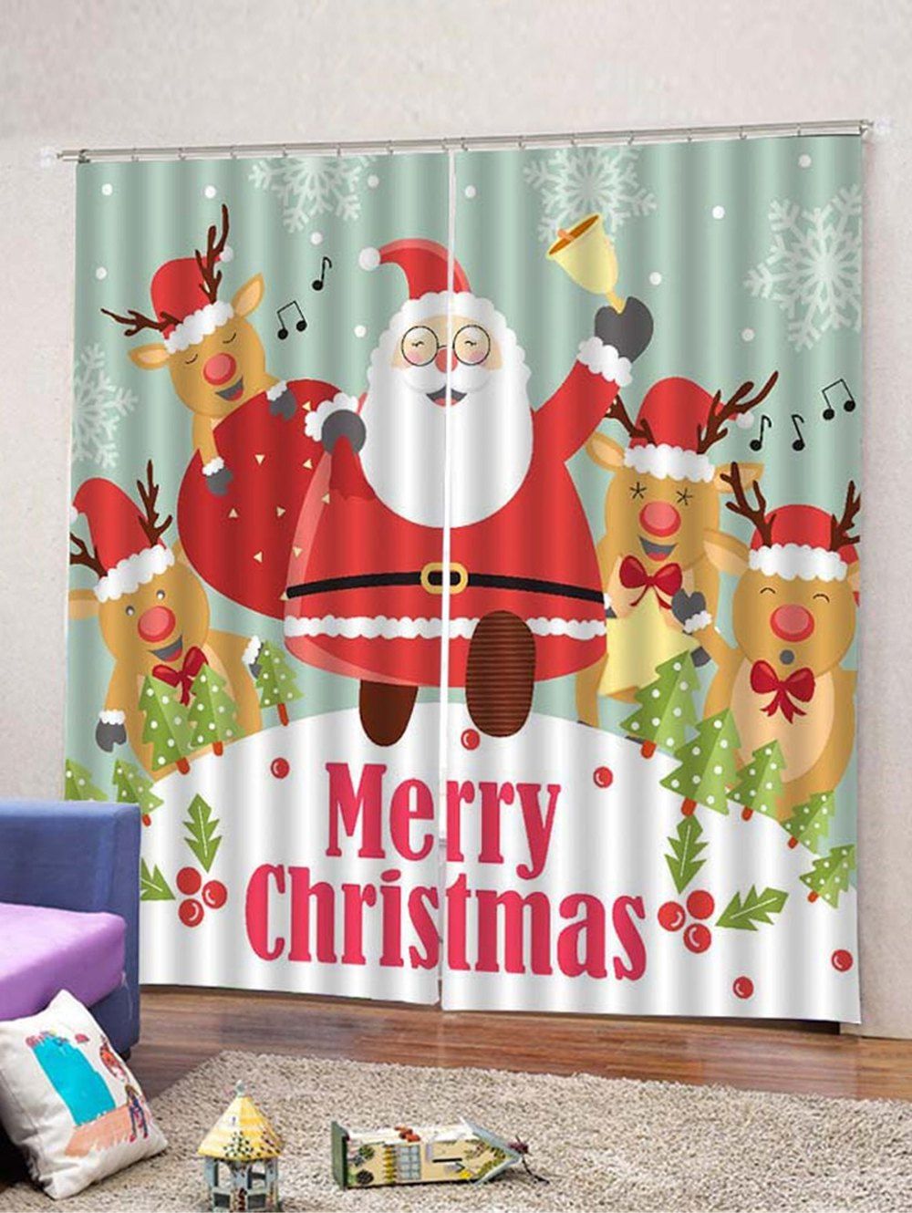 

2 Panels Christmas Santa Elks Print Window Curtains, Multi
