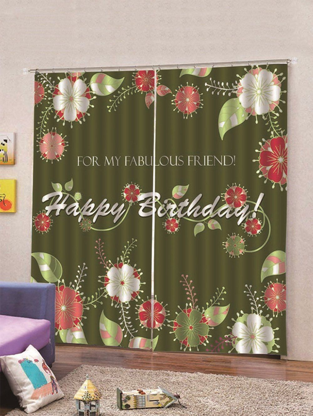 43 Off 2pcs Happy Birthday Flowers Pattern Window Curtains Rosegal
