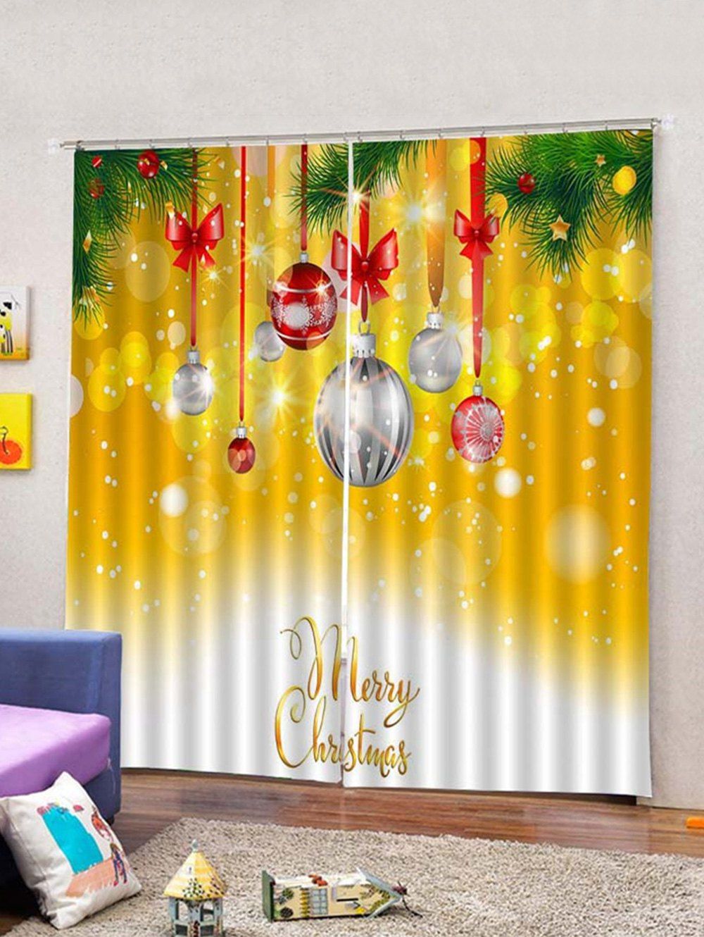 

2PCS Christmas Baubles Pattern Waterproof Window Curtains, Multi