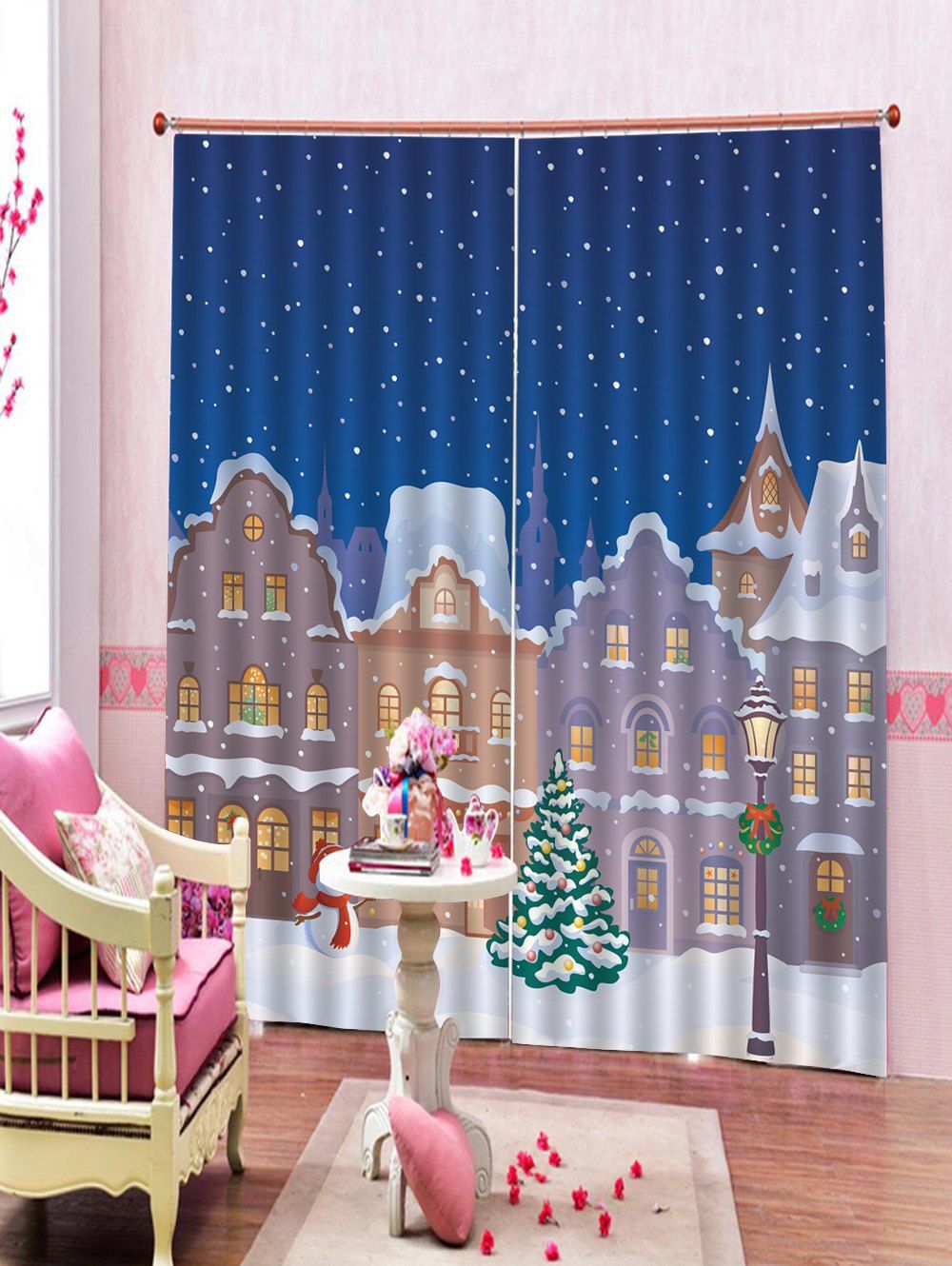 Rideaux de Fenêtre de Noël Imperméables Motif de Cabine et de Neige 2 Pièces Multi L33,5 x L79 pouces x 2pcs