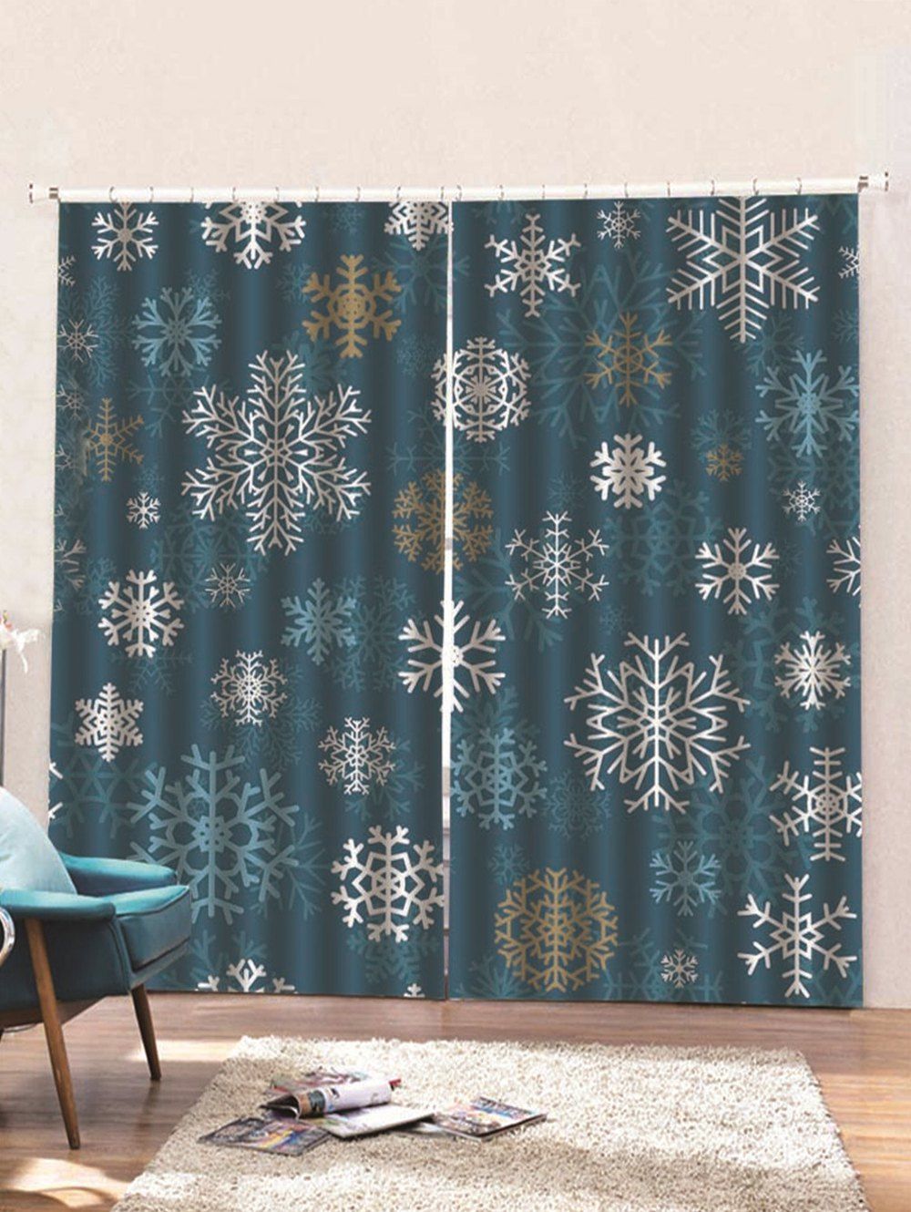 

2PCS Christmas Snowflake Printed Window Curtains, Blue koi