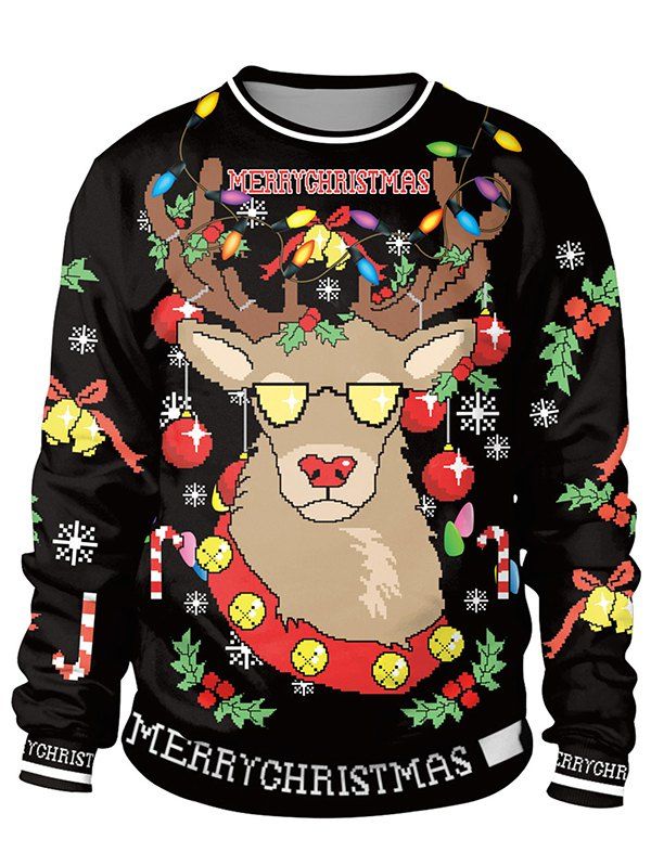 Men's Hoodie Christmas Reindeer Digital Printing Round Neck, Black