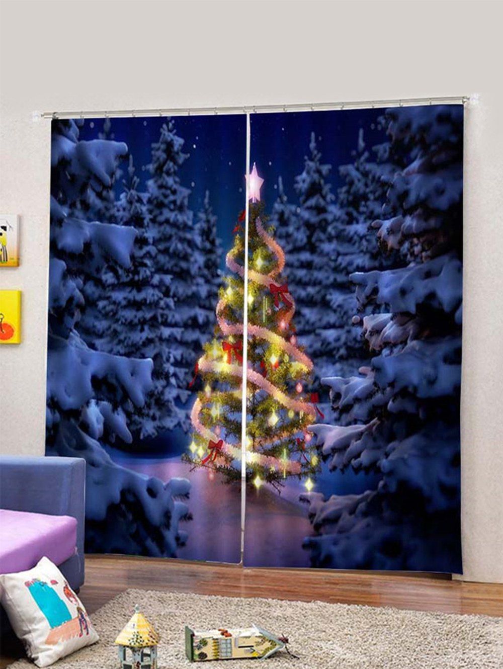 

2PCS Christmas Tree Design Window Curtains, Denim dark blue