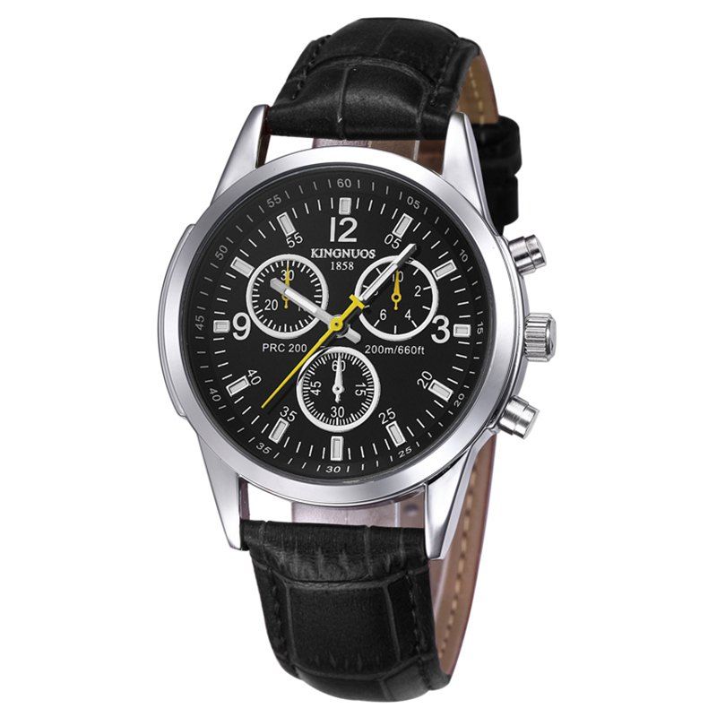 

KINGNOUS 1857 Ultra-thin Three-eye Six-needle Leather Belt Waterproof Watch, Black