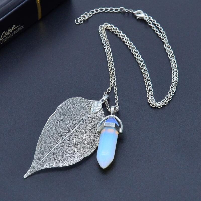 

Natural Leaf Necklace Hexagonal Crystal Pendant, Silver