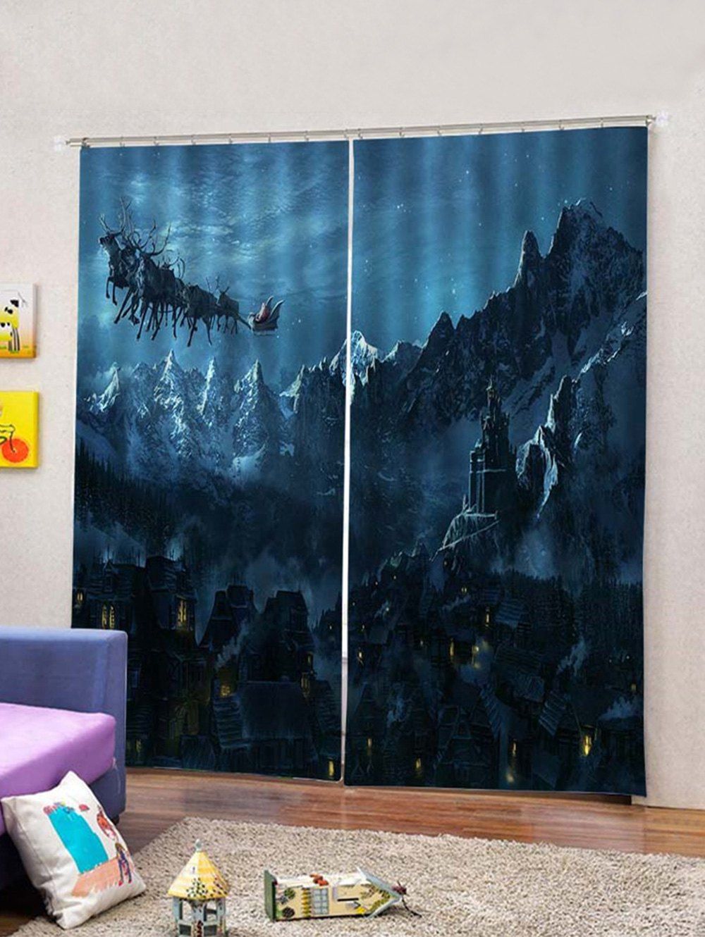 

2Pcs Christmas Night and Town Window Curtains, Multi