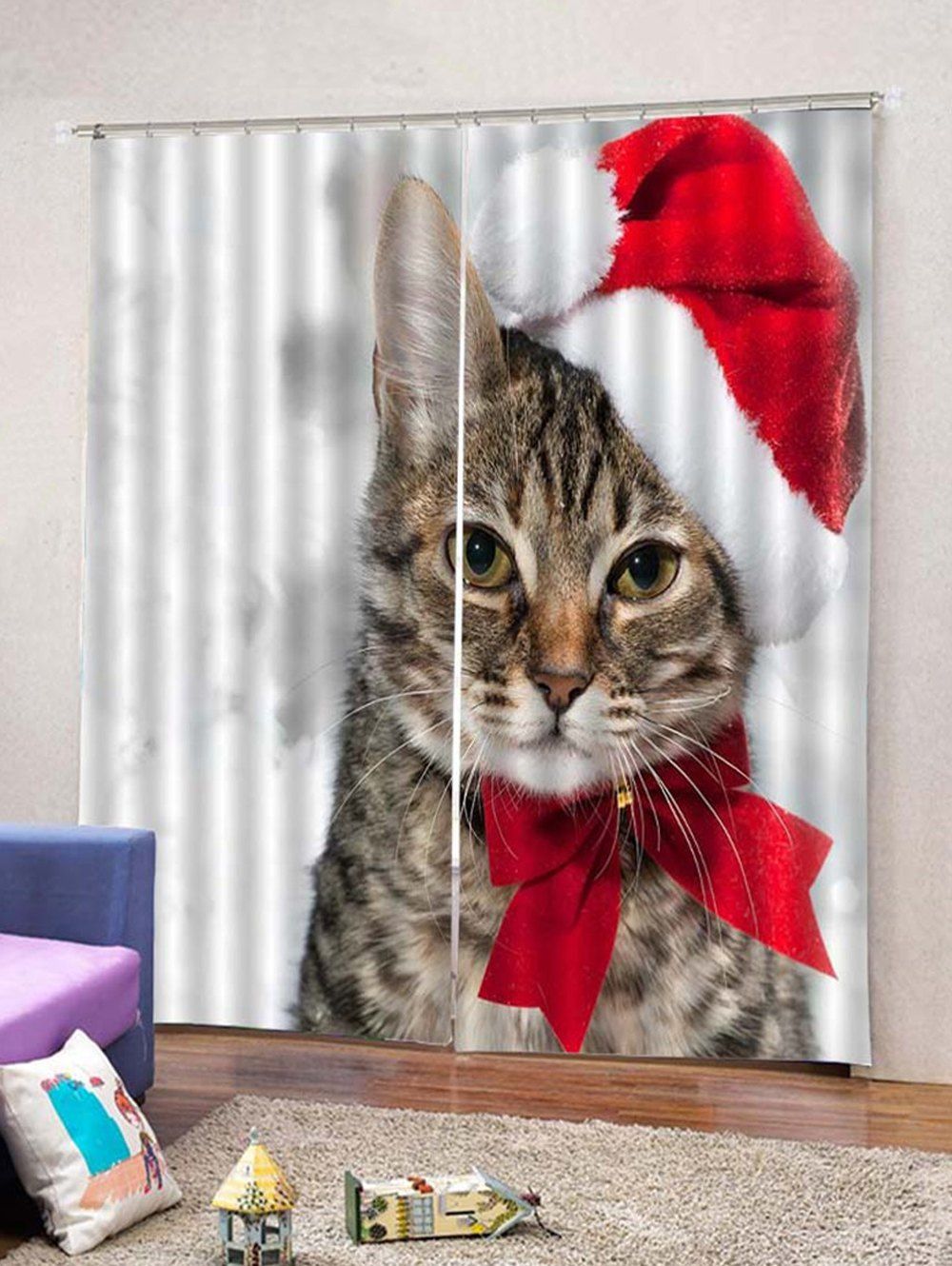 

2Pcs Capped Christmas Hat Cat Window Curtains, Multi
