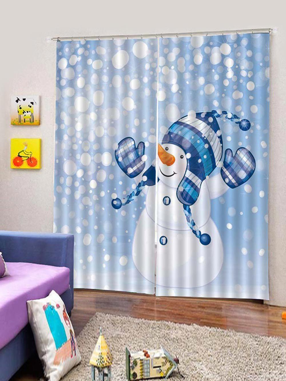 

2PCS Christmas Cute Snowman Window Curtains, Day sky blue