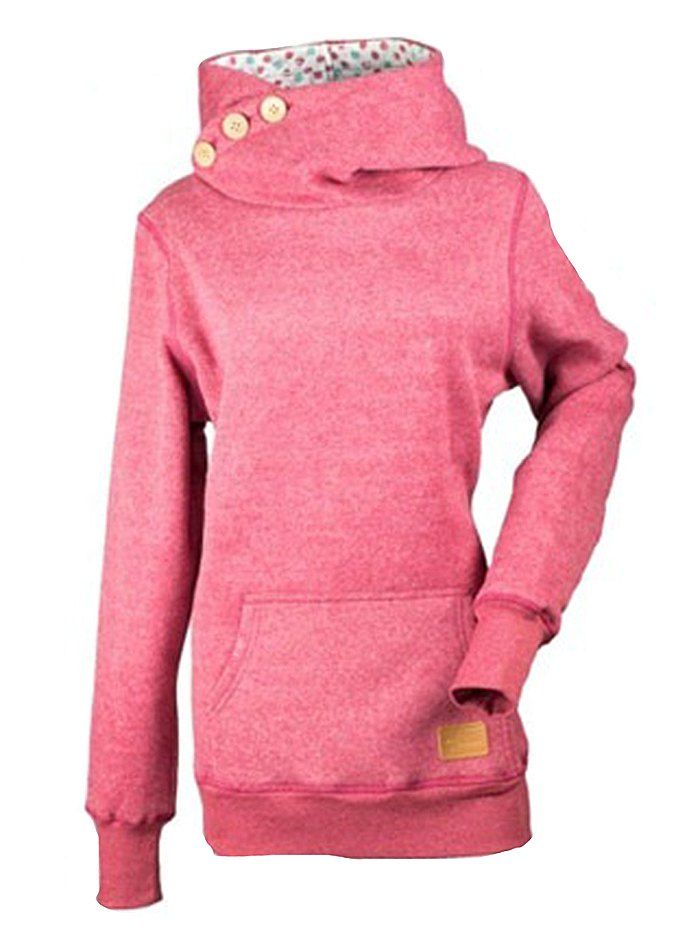 

Fashion Solid Color Three Buttons Spelled Leather Long Sleeve Pocket Sweater, Pink