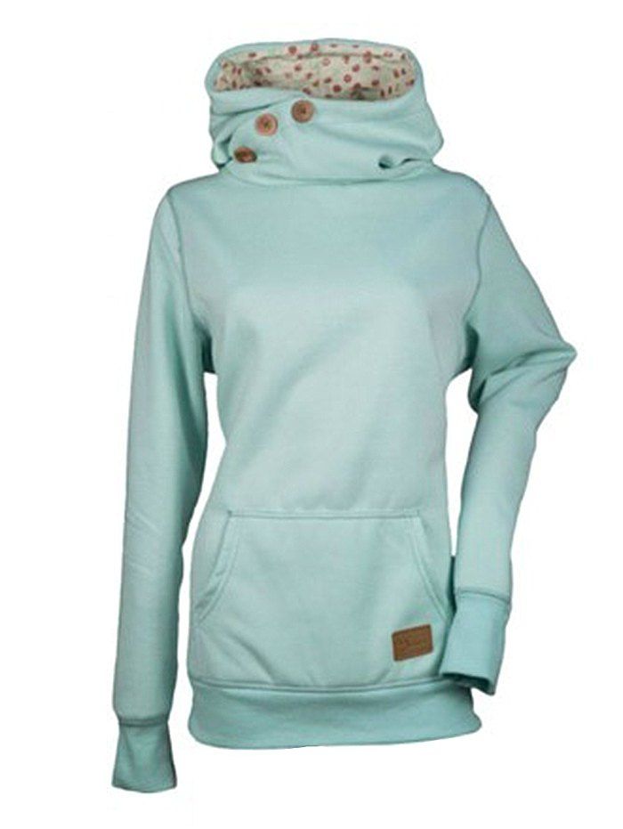 

Fashion Solid Color Three Buttons Spelled Leather Long Sleeve Pocket Sweater, Pale blue lily
