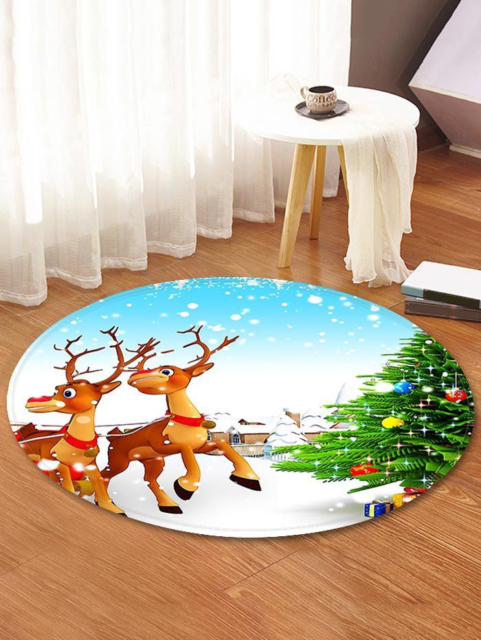 

Christmas Tree Elks Pattern Round Floor Rug, White