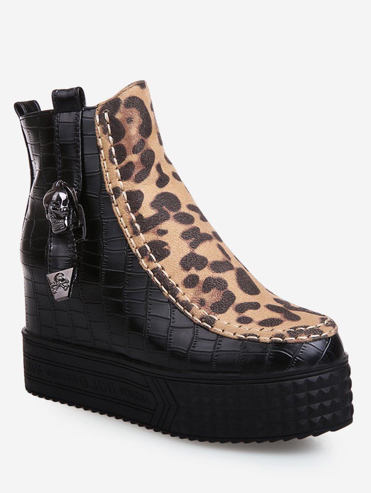 

Plus Size Metal Skull Hidden Wedge Leopard Boots, Black