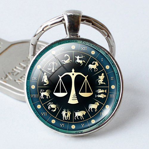

Simple Twelve Constellation Time Gemstone Metal Key Chain, Peacock blue