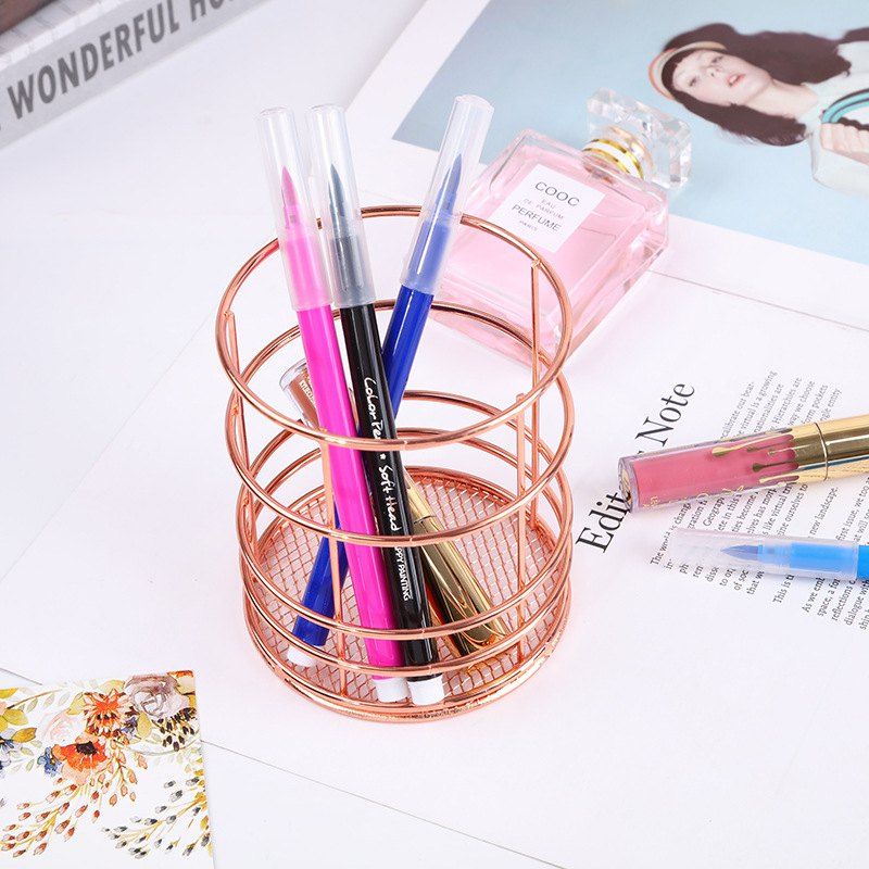 

Round Pen Holder, Rose Gold Iron Storage Hamper, Kitchen Chopsticks Cage, Litter Basket