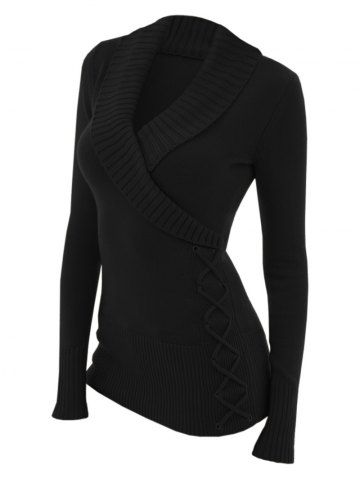 Plus la Taille LYWBLACKSweat-shirtPulls /à Manches Longues de Couleur Unie /à col en v Pull crois/é /à Panneaux nou/és pour Femmes