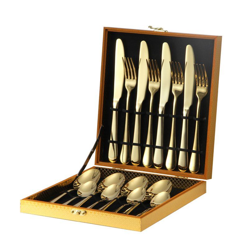 

Western Knife and Fork Set 24 Sets Of Gold Stainless Steel Cutlery Spoon Set Of 16 Gift Box Business Gift, Gold 16-piece gold box