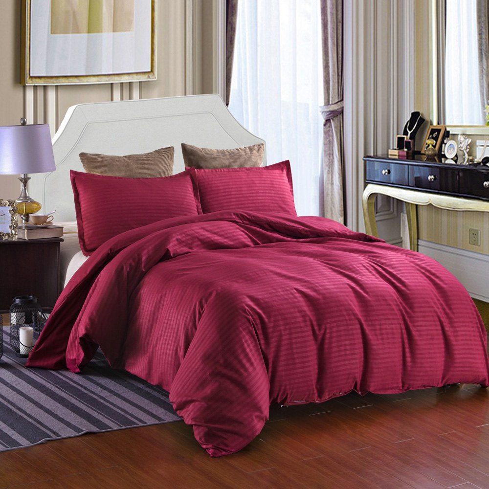 2018 Satin Strip Solid Color Bedding Home Textile Quilt Cover Satin Strip Solid Color Bedding Home Textile Quilt Cover Pillowcase 3pcs Red Wine
