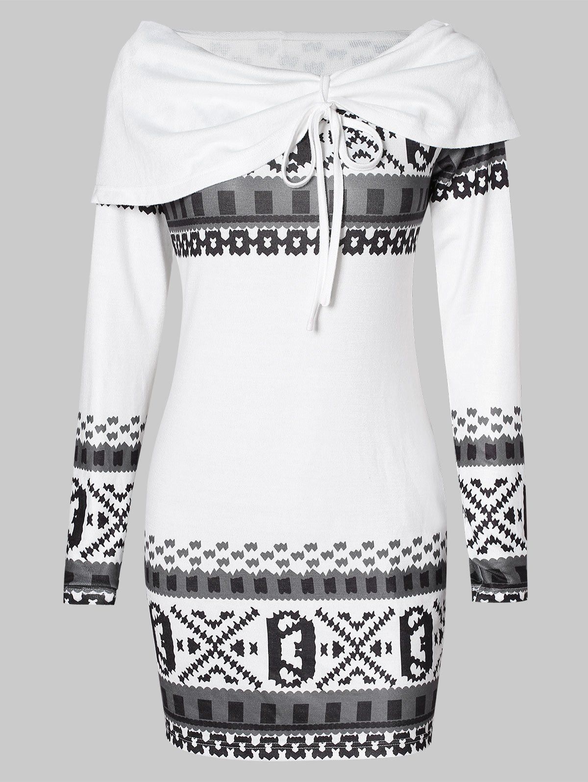 Cowl Neck Geometric Print Mini Dress, Milk white