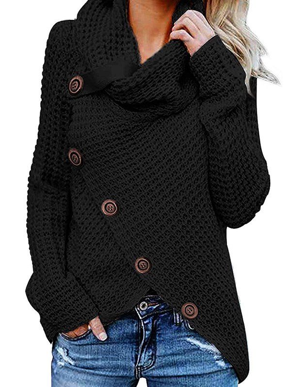 Fancy Five Buckle High Collar Pullover Solid Color Women's Sweater  
