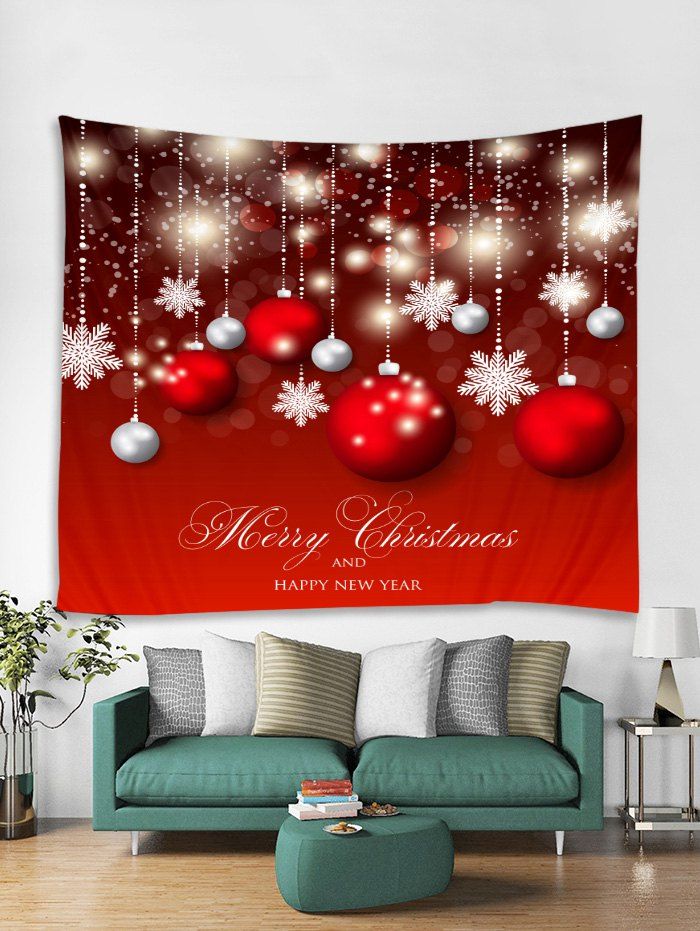 

Christmas Balls Snowflakes Print Tapestry Wall Hanging Art, Red