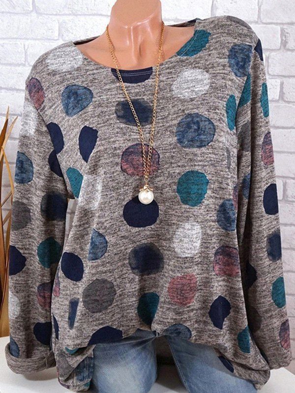 

Women Fashion Long Sleeve Polka Dot Round Neck Loose T-shirt, Coffee