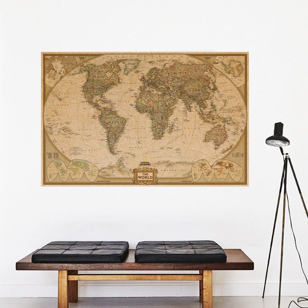 

ETH0210 World Map Kraft Paper Poster Home Decorations Wall Sticker, Multi-a