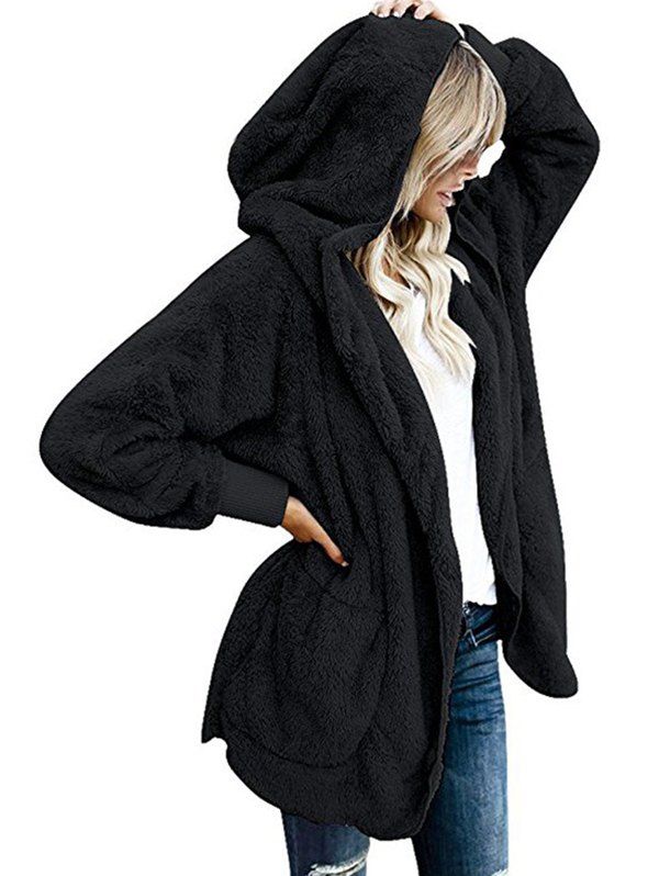 

Women Long Sleeve Stylish Cardigan Coat with Cap, Black