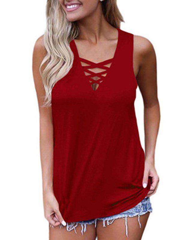 

Women V-neck Cross Strap Off-shoulder Sleeveless Vest, Red wine