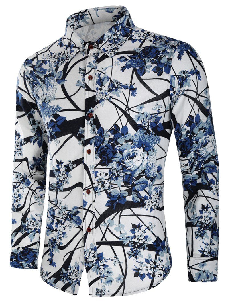 

Chinese Painting Flowers Print Casual Shirt, Multi