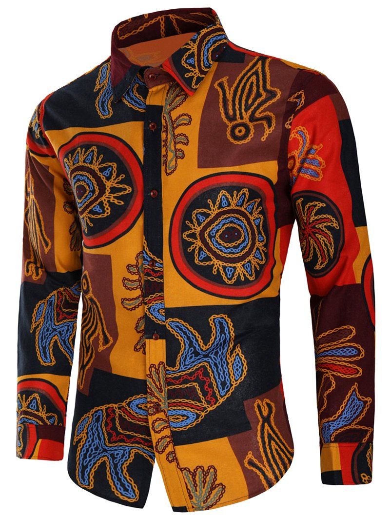 

Button Up Tribal Print Long Sleeves Shirt, Multi