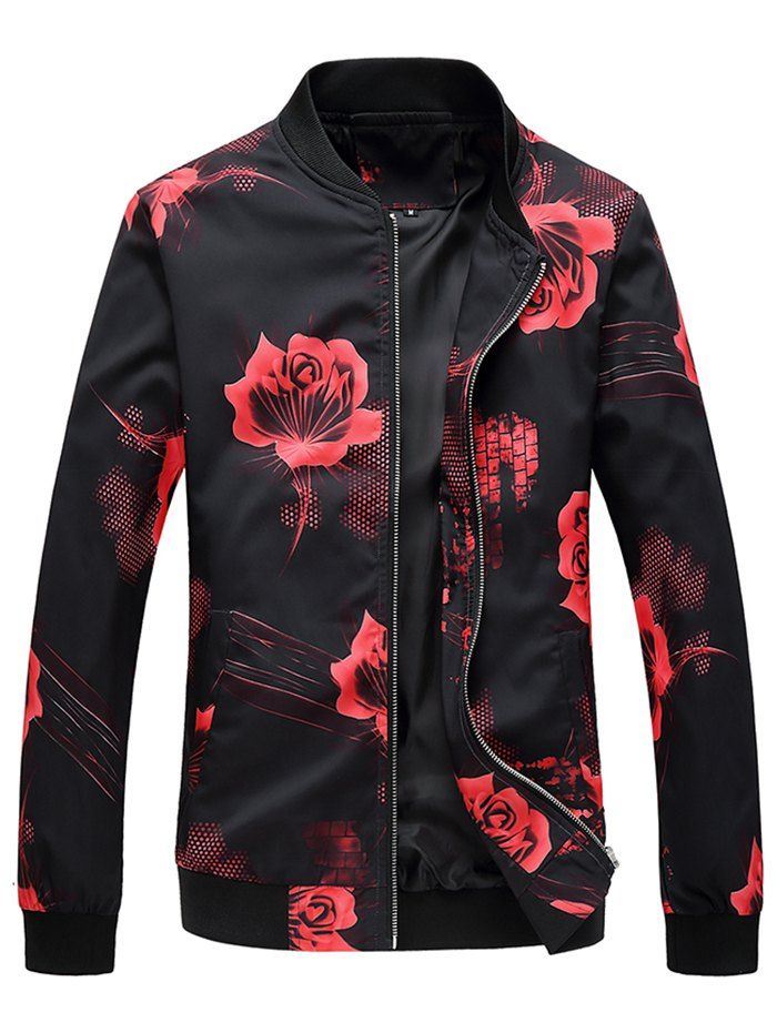 

Rose Flower Print Zip Up Jacket, Black