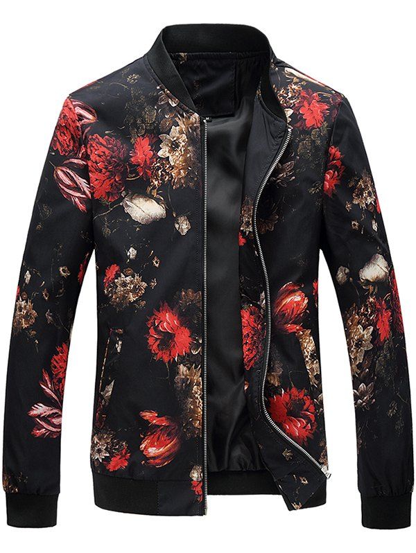 

Flower Print Zipper Up Bomber Jacket, Black