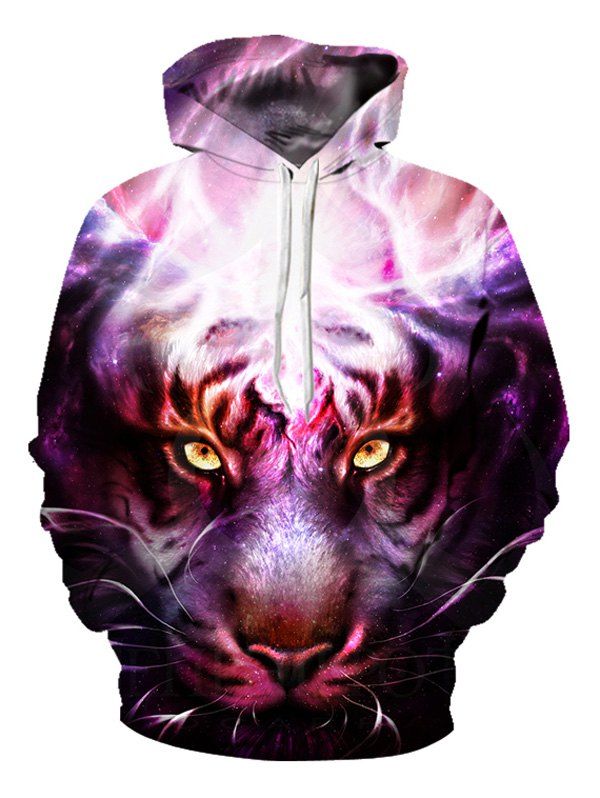 3D Lion Head Print Pocket Pullover Hoodie, Multi