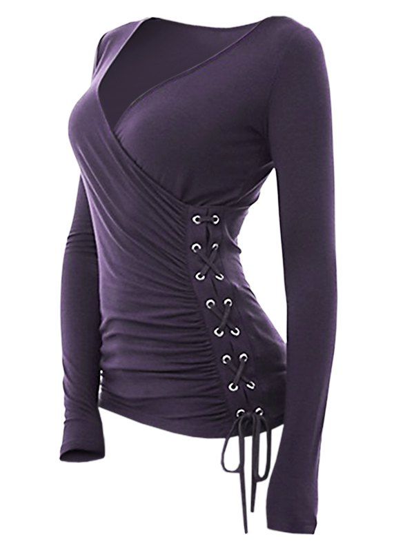 

Women Autumn Long Sleeve Lace-up Slim T-shirt, Purple iris