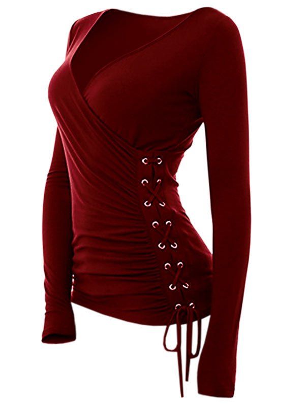 

Women Autumn Long Sleeve Lace-up Slim T-shirt, Firebrick