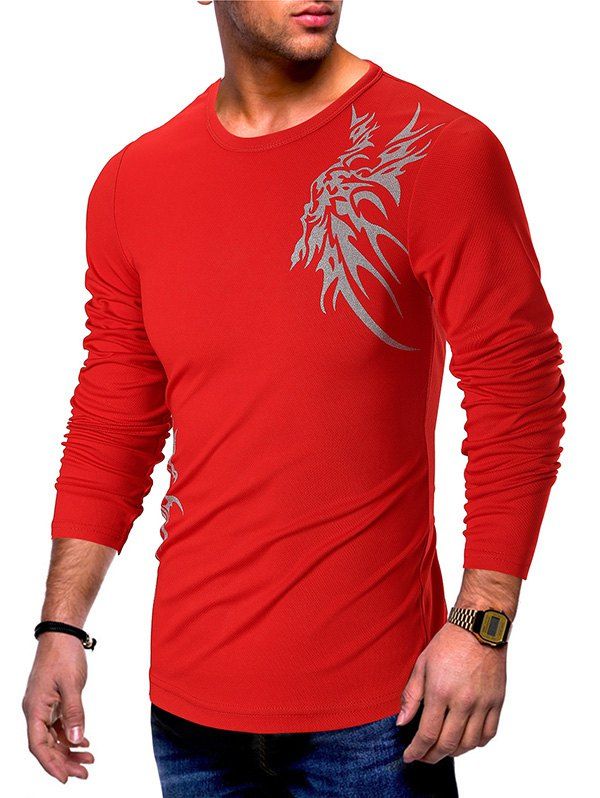 

Dragon and Phoenix Tattoo Print Casual T-shirt, Red