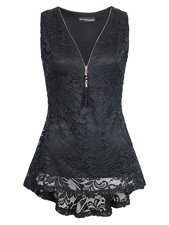 Sleeveless Lace Zip Vest Top, Black