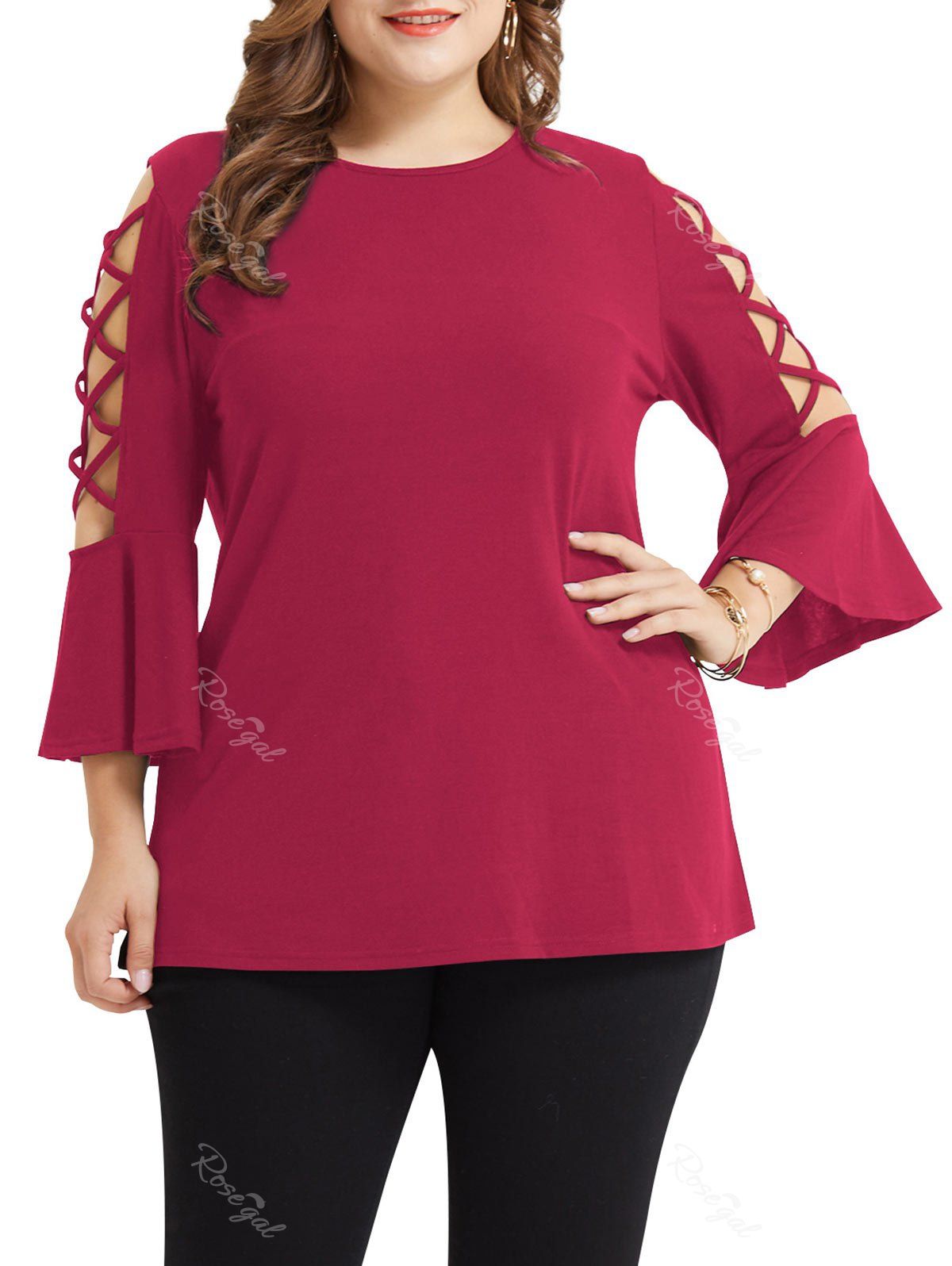 

Plus Size Criss Cross Flare Sleeve T-shirt, Rose red
