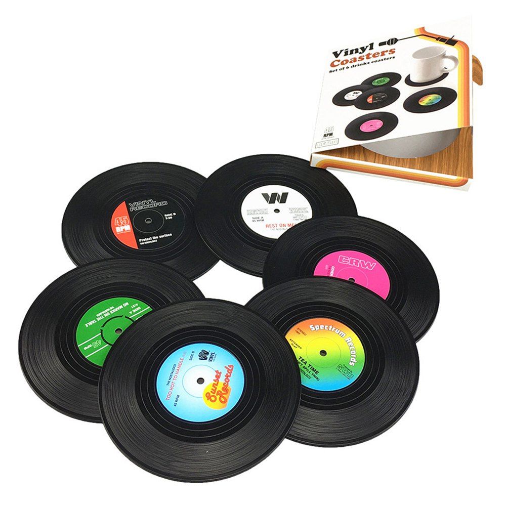 

Vinyl Round Disc Coaster Vintage CD Non-slip Insulation Pad 6pcs, Black