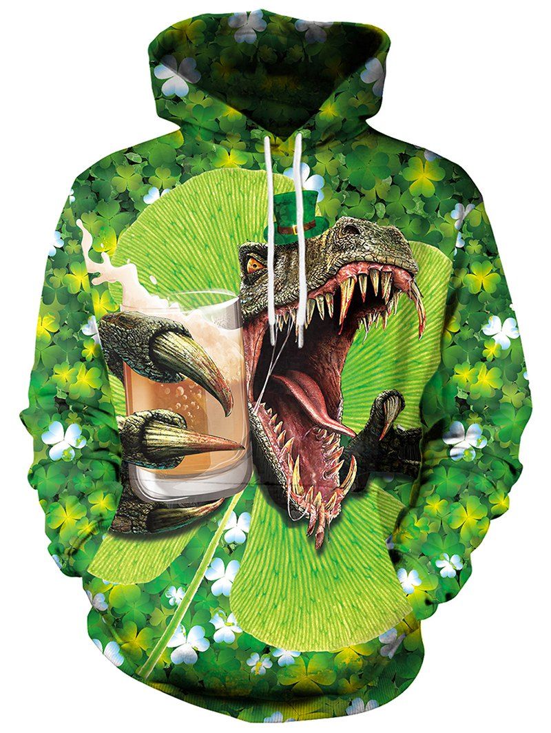 

3D Clover Dinosaur Printed Pullover Hoodie, Green