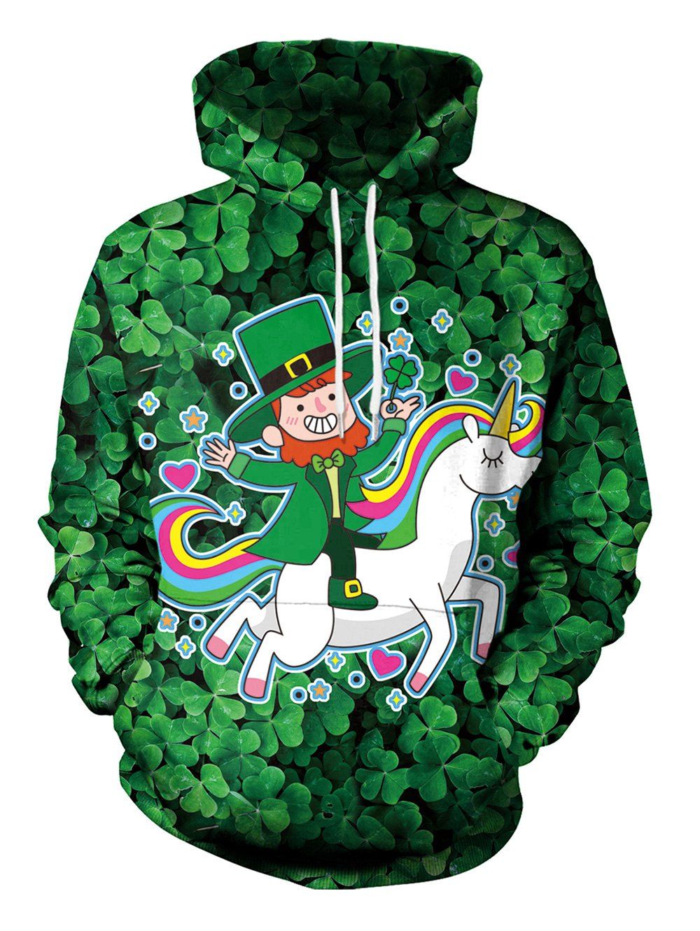 

Clover and Unicorn Pattern Pullover Hoodie, Dark forest green